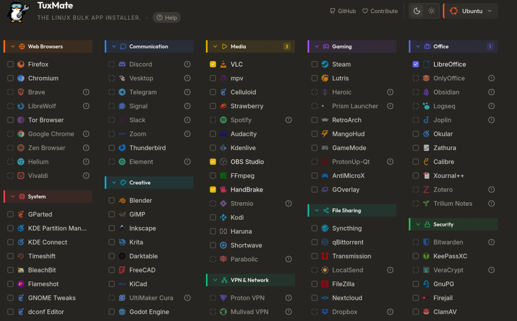 Interfaccia web di TuxMate per installare app su Linux