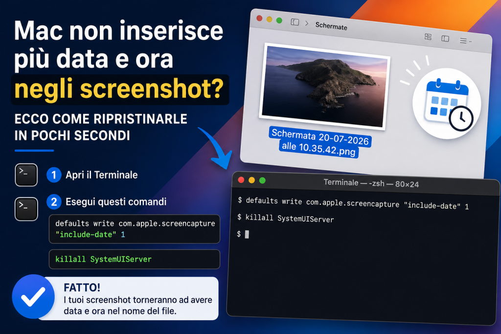 llustrazione che mostra come ripristinare data e ora nel nome degli screenshot su Mac utilizzando due comandi nel Terminale.