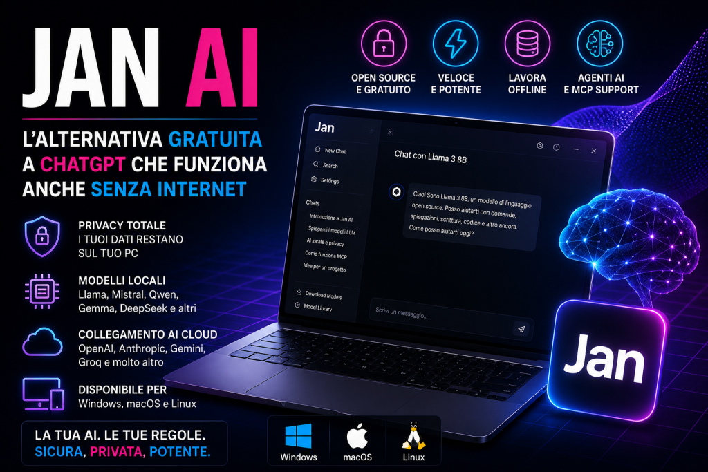 Jan AI: interfaccia del software open source per utilizzare modelli di Intelligenza Artificiale in locale su Windows, macOS e Linux.