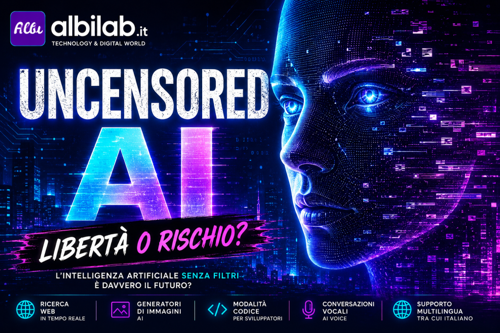 Copertina futuristica di Uncensored AI con volto digitale in stile cyberpunk e grafica tecnologica nei toni del blu e del viola.