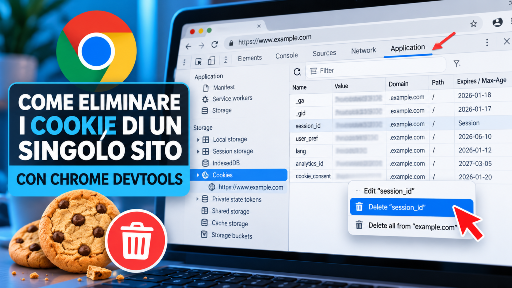 Eliminazione dei cookie di un sito tramite la sezione Application dei Chrome DevTools